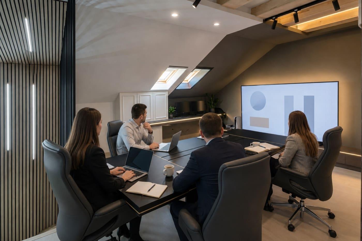 Ein Geschäftsmeeting am Konferenztisch mit einer Präsentation auf dem großen Bildschirm