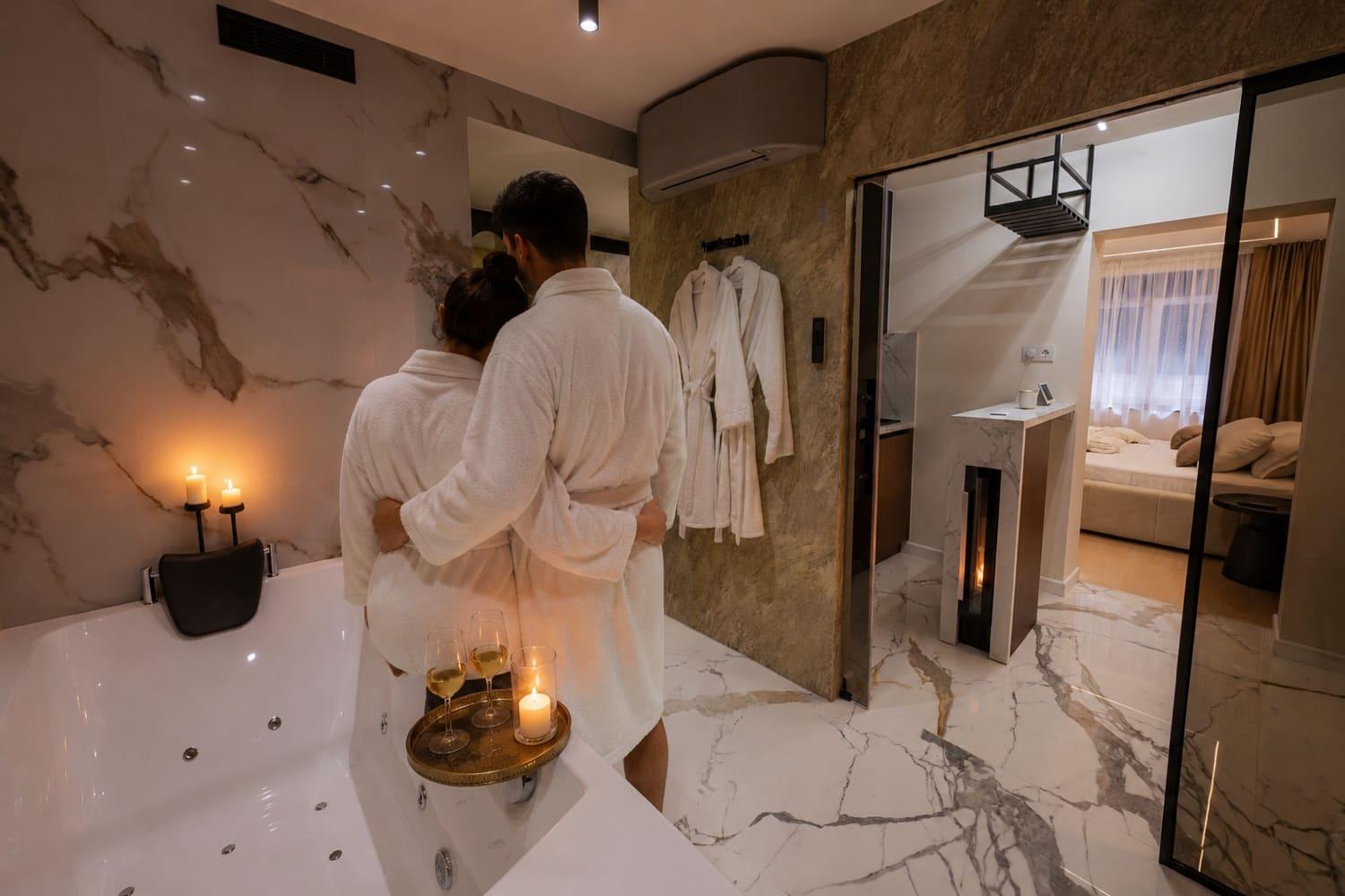 A couple in robes by the jacuzzi in the private spa zone of a Chillux apartment