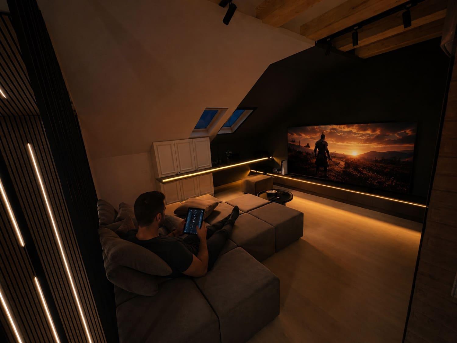 Ein Gast steuert das Smart Home per Tablet neben dem 100-Zoll-Bildschirm im Wohnzimmer
