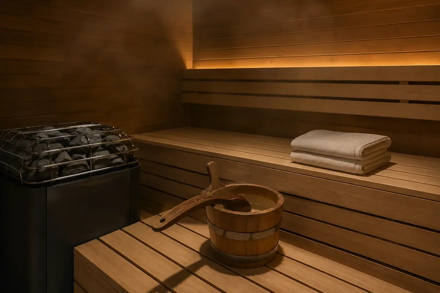 Privatna finska sauna sa drvenim klupama, kutlačom i peškirima