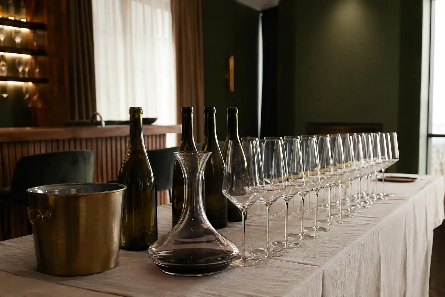 Red čaša za vino i dekanter na stolu tokom degustacije
