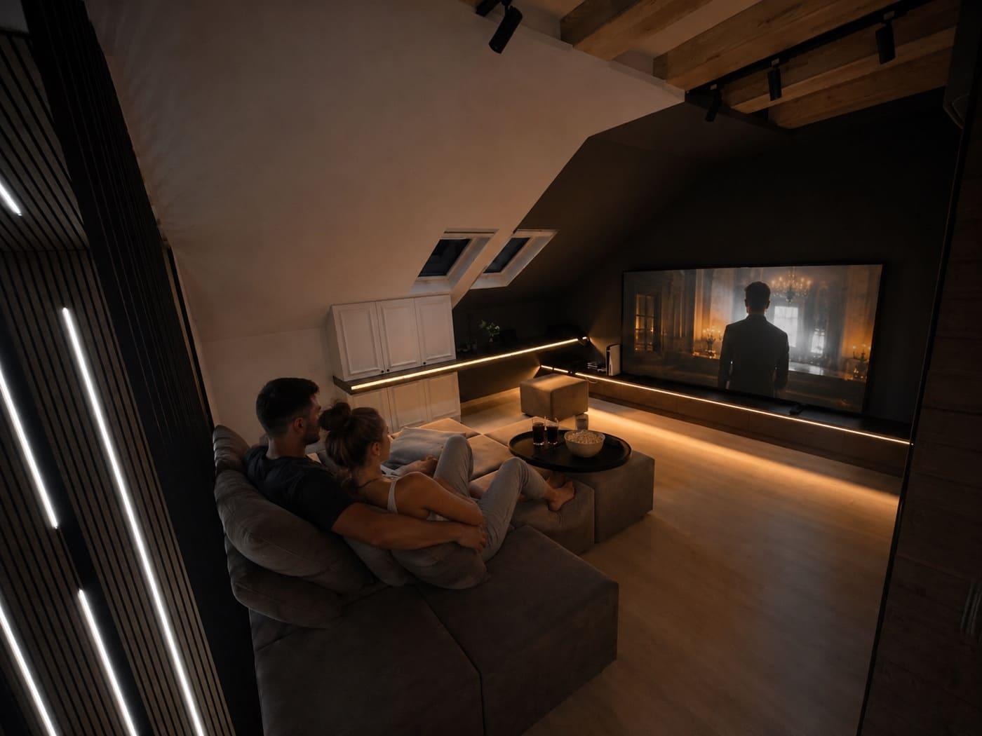 Par gleda film na 100 inča ekranu sa modularne sofe u prigušenom svjetlu