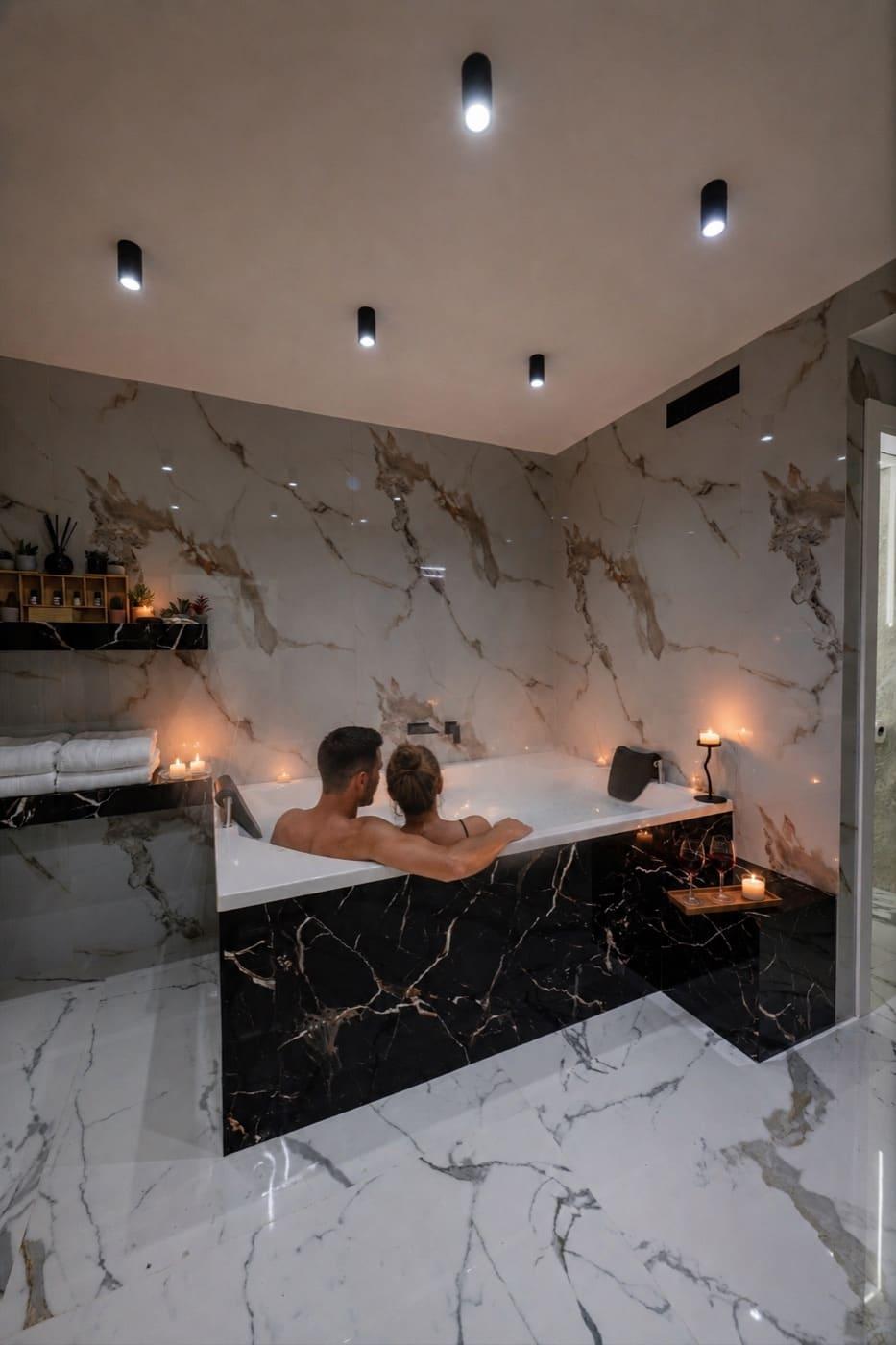 Par se opušta u privatnom jacuzziju uz svijeće, Chillux wellness apartman