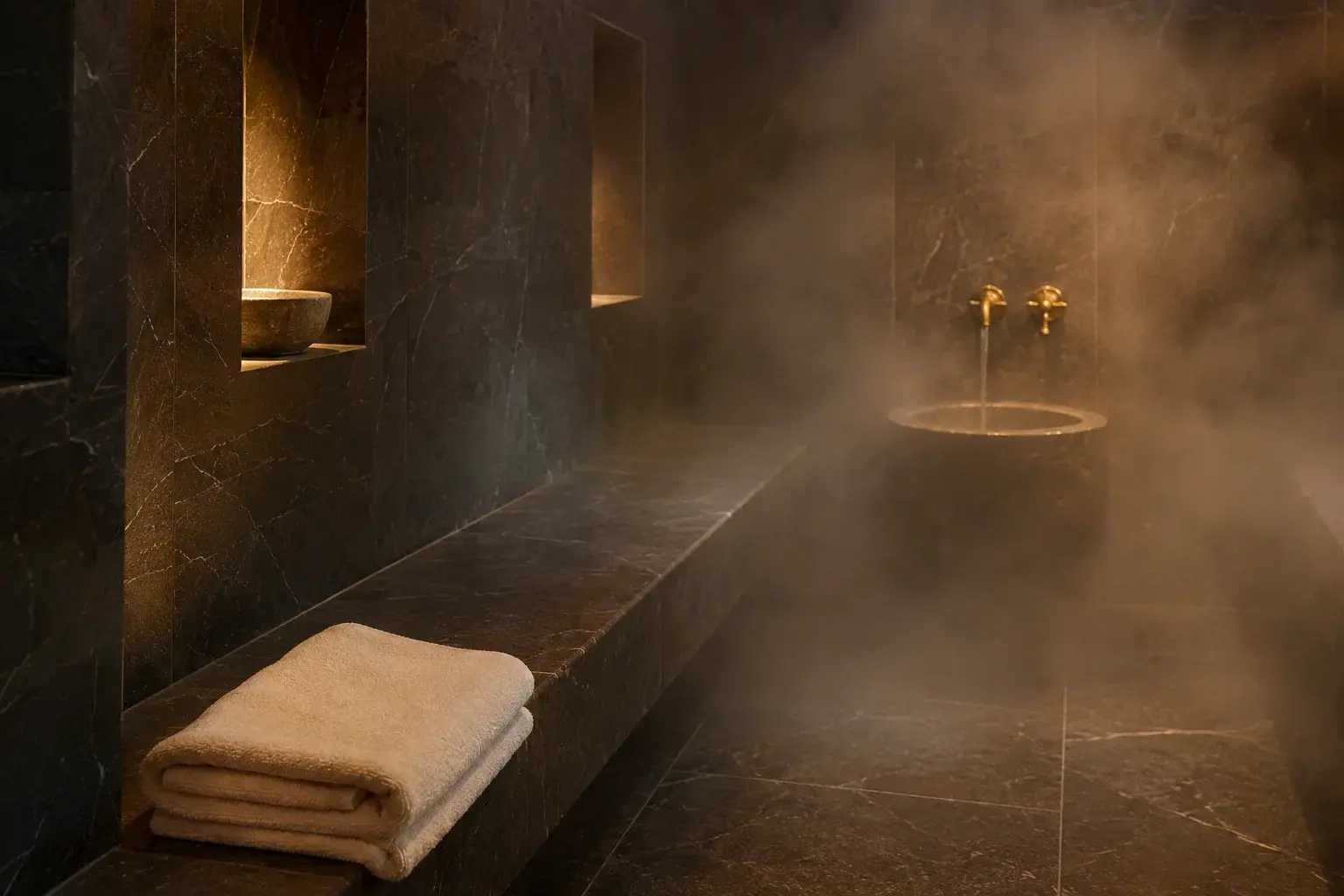 Privatni hammam sa kamenom klupom, mesinganom česmom i parom