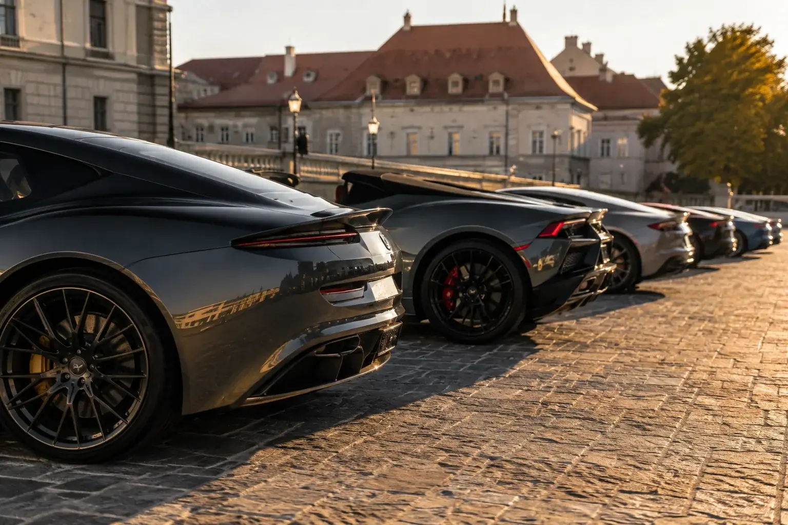 Red parkiranih sportskih automobila na trgu u kasno popodne