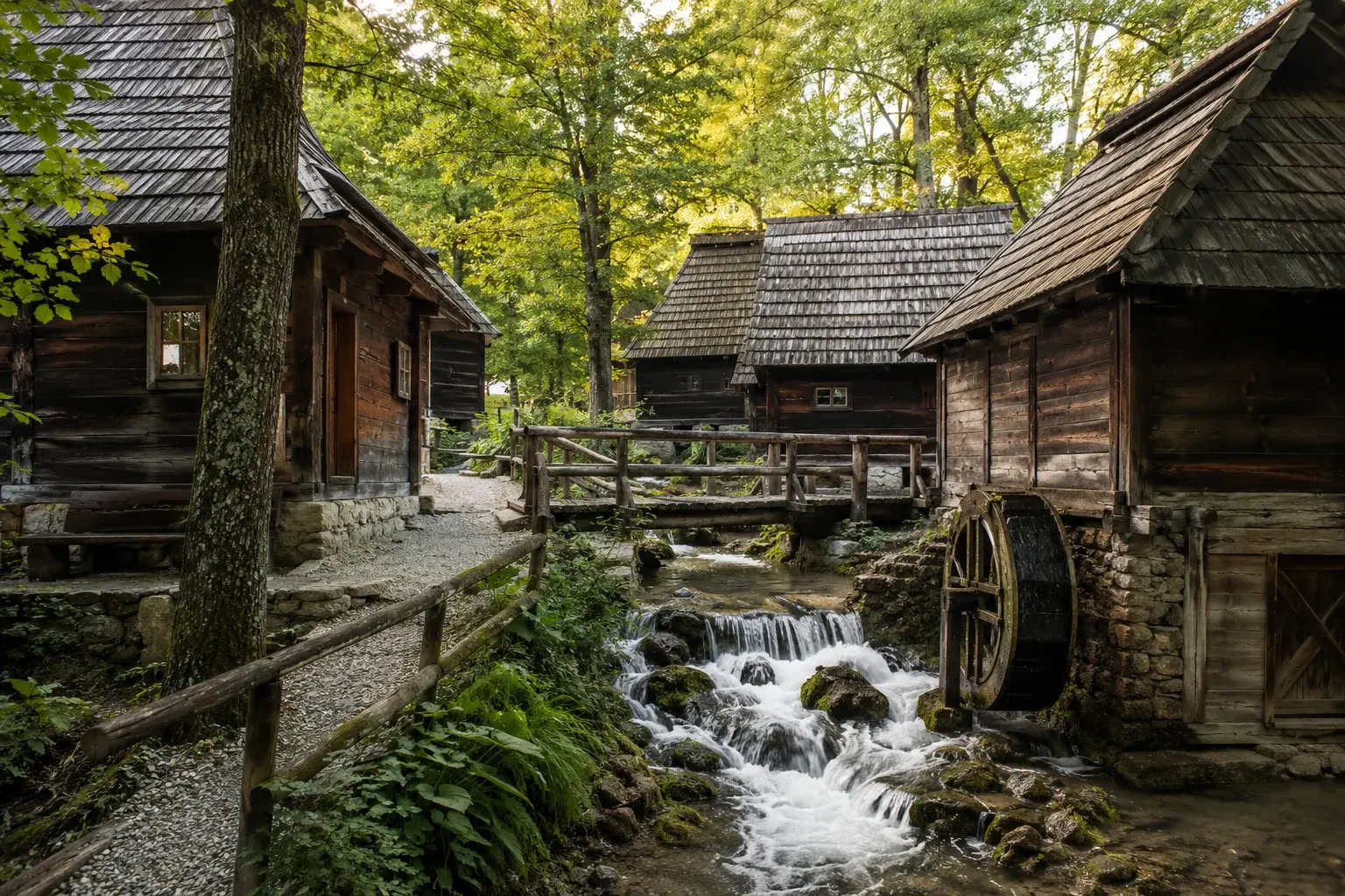 Drvene kuće i potok u šumskoj eko zoni