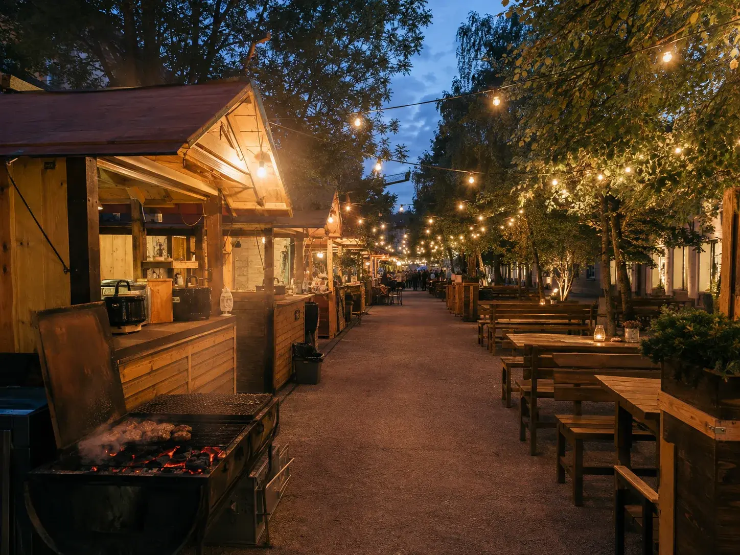 Tezge sa hranom i drveni stolovi na večernjem festivalu hrane